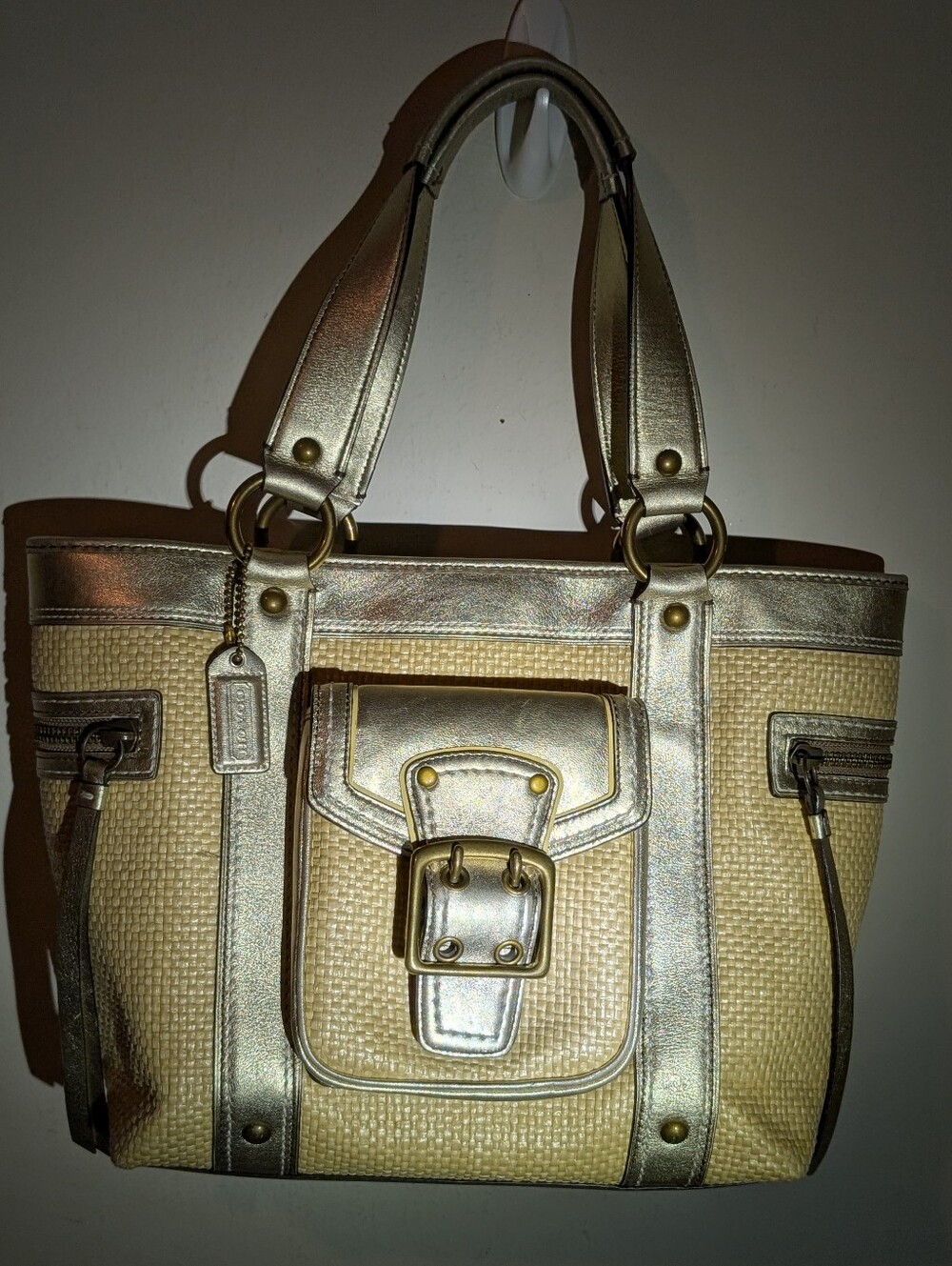 Coach Legacy Straw Woven Vintage Tote Metallic Trim Tote Bag - Gold Excellent!